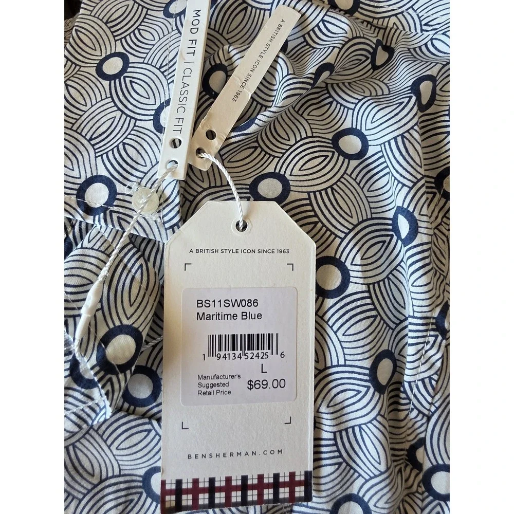 NWT Ben Sherman Button-Up Shirt Mens L Blue White Geometric Short Sleeve Cotton